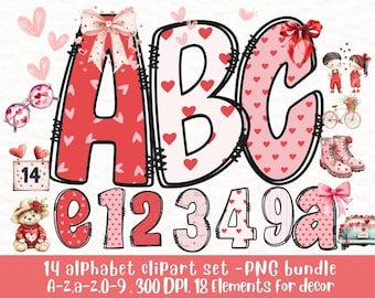 Valentine's Day Alphabet Clipart: Heart Doodle Letters (PNG Files)