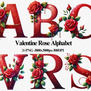 Conjunto de imágenes prediseñadas del alfabeto de rosas de San Valentín, amor, alfabeto del día de San Valentín, letras rojas románticas, letras rojas románticas florales para manualidades y diseños