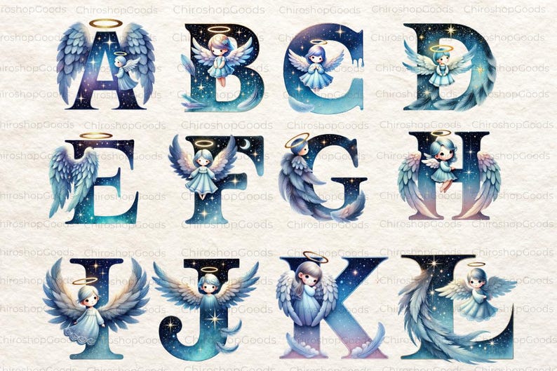 Angels Alphabet Watercolor Clipart: Celestial Starry Letters (PNG ...