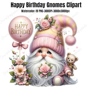 Watercolor Birthday Gnome Clipart: Pastel PNG (Digital Download)
