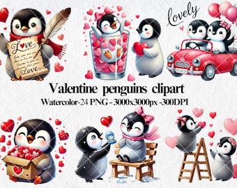 May include: A set of 24 digital clipart images featuring cute cartoon penguins in various Valentine's Day themed poses. The penguins are holding hearts, flowers, and gifts. The images are perfect for creating cards, invitations, and other Valentine's Day crafts.