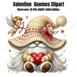 Valentine Gnomes Clipart: Watercolor Cupid & Hearts (Digital Files)