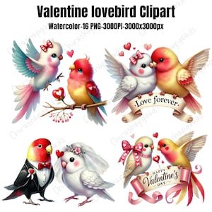 Valentine Lovebird Clipart Set,wedding , Watercolor Love Birds, Romantic Wedding PNG, 16 Files, 300 DPI, Cute Digital Art for Crafts & Cards