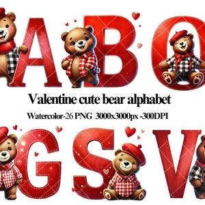 Valentine Cute Bear Alphabet PNG, Watercolor Bear Letters Clipart, Red Bear Font for Kids, Digital Download, 26 Letters 3000x3000px 300DPI