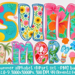 Conjunto de imágenes prediseñadas del alfabeto de verano colorido (PNG) con letras y números de la A a la Z para sublimación, 44 elementos de playa tropical para decoración.