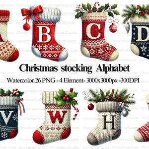 以下が含まれることがあります： アルファベットのクリスマスストッキングのセットで、それぞれ異なるアルファベットの文字が書かれています。ストッキングは赤、白、青で、さまざまなデザインが施されています。ストッキングは、ヒイラギ、ベリー、キャンディーケーンで飾られています。