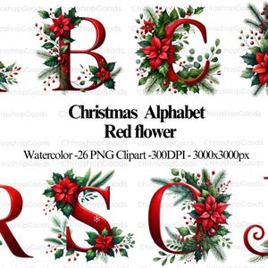 Alfabeto navideño, clipart, acuarela de flores rojas, conjunto PNG, letras festivas, descarga digital navideña, letras florales, carta navideña