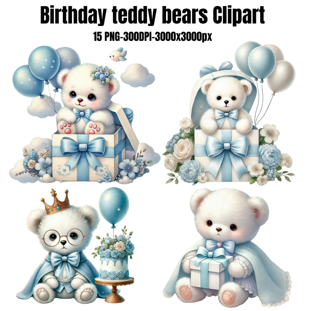 Blue Teddy Bear Clipart Bundle: Watercolor Baby Shower PNG (digital ...
