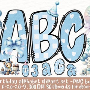 Paquete de imágenes prediseñadas del alfabeto de cumpleaños en azul y pastel para fiesta de bebé niño, letras PNG A-Z a-z 0-9, lindos gráficos de primer cumpleaños de osos de peluche