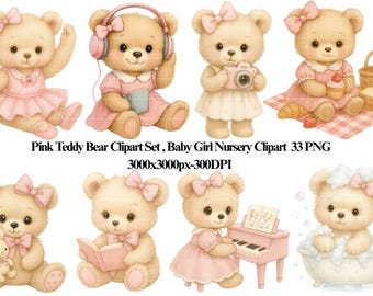 Conjunto de imagens PNG de ursinho de pelúcia rosa para quarto de bebê menina, ilustrações em tons pastel suaves.