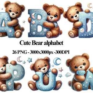 Adorable conjunto de imágenes prediseñadas del alfabeto de osito de peluche, alfabeto de osito de peluche, decoración de baby shower, arte de pared para guardería, lindas letras de osito, imprimible para habitación de niños