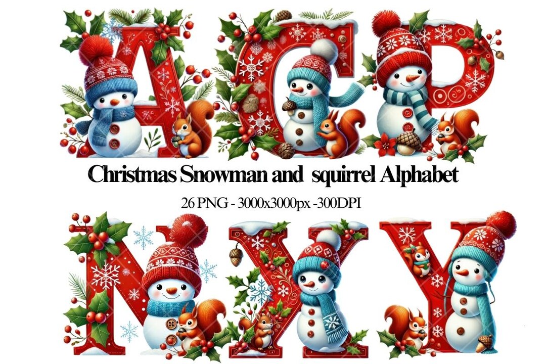 Squirrel Letters Christmas Snowman and Squirrel Alphabet PNG, Christmas Alphabet ...