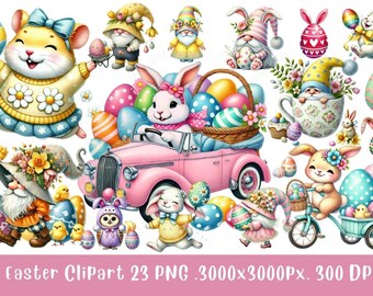 Easter Clipart PNG Bundle, Cute Bunny, Gnomes, Spring Elements (Digital Download)