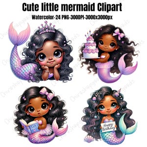 かわいいアフリカの人魚のクリップアート、誕生日の人魚、小さな人魚、かわいい女の子の人魚の PNG、デジタルダウンロード、水彩画の人魚の昇華