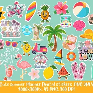 Cute Summer Planner Digital Stickers Bundle, 45 Colorful PNG Files with Beach Elements, Tropical Clipart for Scrapbooking and Journaling