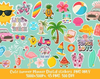 Puede incluir: Un conjunto de 45 pegatinas digitales para planificadores con temas de verano. Las pegatinas incluyen un coche rosa, una piña, un flamenco, una tabla de surf, una sandía, una sombrilla de playa, gafas de sol, una concha, una pelota de playa, un limón, una palmera, un sombrero, chanclas y mucho más. Las pegatinas son de estilo de dibujos animados y son perfectas para añadir un toque de diversión veraniega a tu planificador.