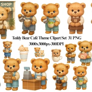 Op de afbeelding: Een verzameling schattige teddybeer illustraties in een café thema. De beren worden afgebeeld in verschillende poses, sommigen houden koffiekopjes vast, anderen dragen schorten en sommigen hebben bakkerijborden. De tekst "COFFEE SHOP" en "WELCOME" is inbegrepen.