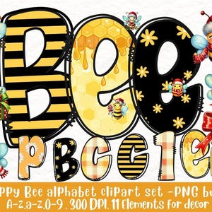 Könnte beinhalten: Ein Set mit 11 digitalen Clipart-Bildern, die ein Bienenalphabet mit einem Weihnachtsthema zeigen. Die Buchstaben sind mit schwarzen und gelben Streifen, Waben und rot-weißem Karo verziert. Die Buchstaben buchstabieren "Bee PBC10" und es gibt mehrere Bilder von Bienen, die Weihnachtsmützen und Schals tragen. Der Text "HONEY" befindet sich auf einem Honigglas.