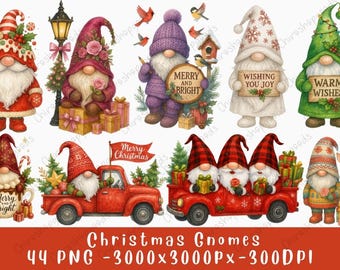 May include: A collection of watercolor Christmas gnomes in various poses. Gnomes are wearing festive hats and holding signs with holiday greetings. Some gnomes are in a red truck. The image includes the text "Christmas Gnomes".