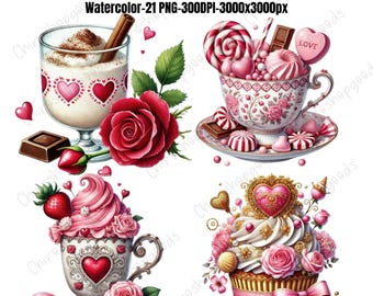Valentinstag Desserts Clipart: Aquarell Süßigkeiten, Romantische Designs (PNG)