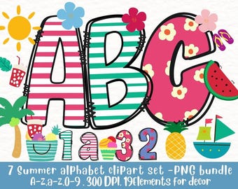 Tropical Summer Alphabet Clipart: Beach Letters & Numbers (PNG Digital Download)
