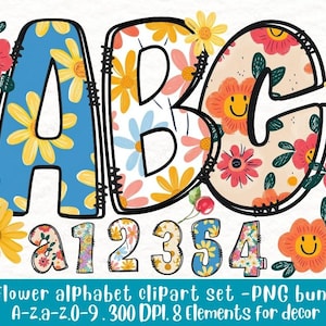 Conjunto de imágenes prediseñadas del alfabeto floral, letras de flores PNG, fuente digital bohemia, alfabeto y números primaverales, PNG transparente de 300 DPI