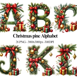 Puede incluir: Letras del alfabeto de pino navideño A, B, C, J y K decoradas con lazos rojos, piñas, bayas rojas, adornos dorados y cajas de regalo.  26 PNG - 3000x3000px - 300DPI