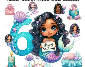 Watercolor Mermaid Birthday Numbers Clipart: Ocean Party PNG Bundle (Digital Download