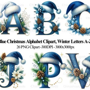 Könnte beinhalten: Blaues Weihnachts-Alphabet-Clipart mit den Buchstaben A, B, C, J, P und V. Jeder Buchstabe ist mit einer blauen Weihnachtsmütze, Tannenzapfen und winterlichem Laub verziert. Der Text "Blue Christmas Alphabet Clipart, Winter Letters A-Z" ist ebenfalls sichtbar.