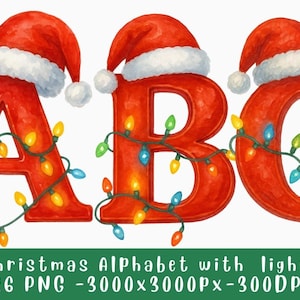 Christmas Alphabet Clipart PNG with Santa Hats and Lights, Watercolor Christmas Letters Digital Download, Holiday Font Sublimation Bundle