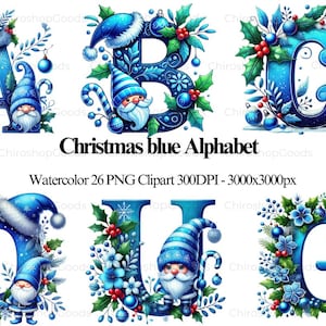 Alfabeto navideño A-Z, Letras, acuarela, PNG, clipart, alfabeto, alfabeto azul, Descarga digital, Navidad, Gnomo navideño, Fuente azul