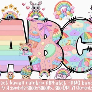 Paquete de 8 PNG del alfabeto arcoíris kawaii / Imágenes prediseñadas de letras y números pastel / Archivos de sublimación de 300 DPI para manualidades y decoración infantil
