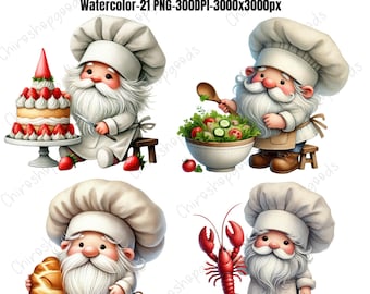 Chef Gnomes Watercolor Clipart: Kitchen PNG Bundle (Digital Download)
