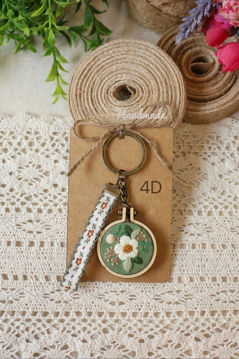 Hand Embroidered Flower Keychain. Vintage Handmade Keychain. Keychain ...
