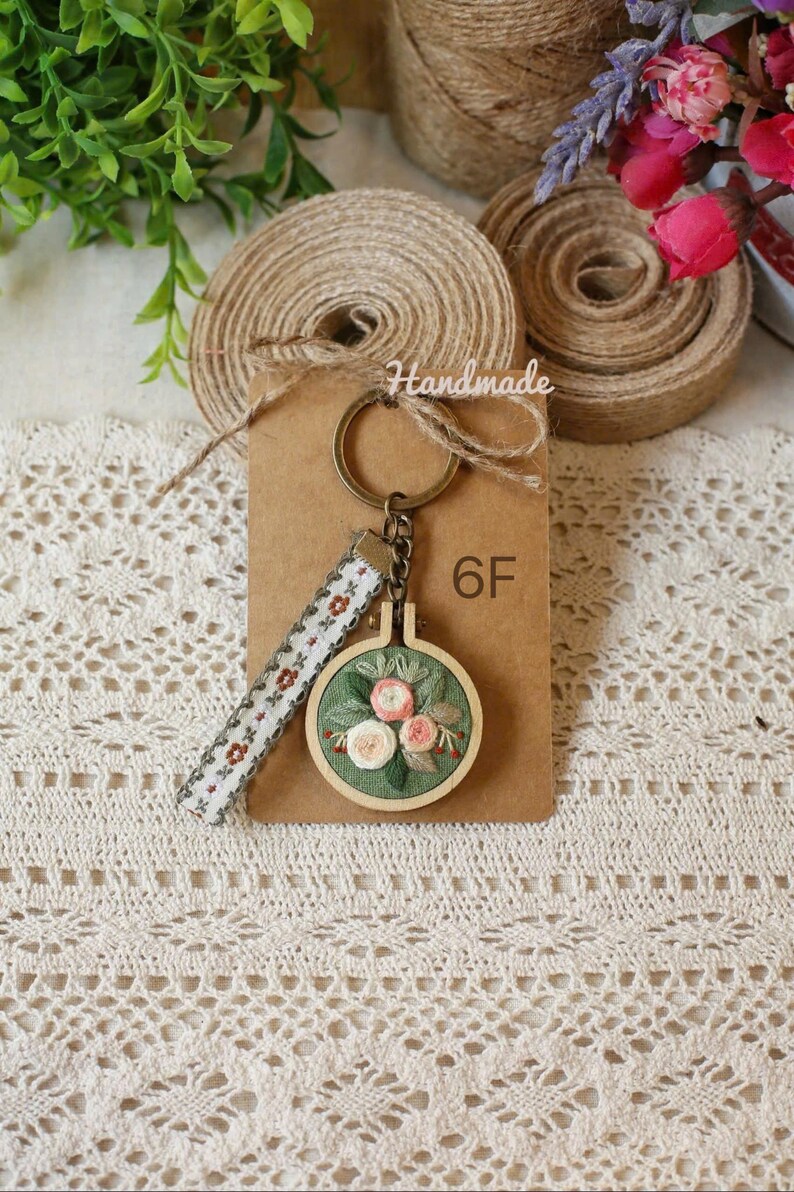 Hand Embroidered Flower Keychain. Vintage Handmade Keychain. Keychain ...