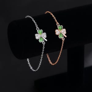 S925 Sterling Silver Four Leaf Clover Bracelet, Dainty Vintage CZ Lucky Charm Bracelet, Adjustable 6.3&#39;&#39;+1.6&#39;&#39; Nature Inspired Jewelry