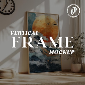 Peut inclure: Une maquette de cadre vertical avec une peinture abstraite colorée d'un grand soleil orange, des vagues et des oiseaux sur un fond de ciel bleu. Le texte "VERTICAL FRAME MOCKUP" est affiché sous le cadre.