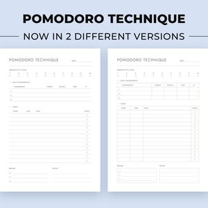 May include: Two white paper planner sheets for the Pomodoro Technique. Each page features a header with the text POMODORO TECHNIQUE, a date line, a productivity level scale from 1 to 10, sections for main assignments, tasks, breaks, and notes.