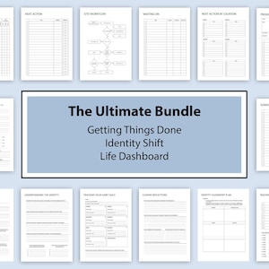 May include: A set of printable worksheets for goal setting, habit tracking, and personal development. The worksheets include titles like "Inbox", "Next Action", "GTO Workflow", "Life Dashboard", "Crafting Your Habit Plan", "Understanding the Identity", "Tracking Your Habit Daily", "Closing Reflections", "Identity Alignment Plan", and "Tracking Your Habit Weekly".