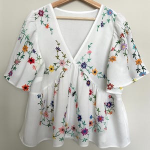Tablecloth top, tablecloth blouse. cottage core, reworked vintage top, sustainable clothing, embroidered blouse, size 12-14