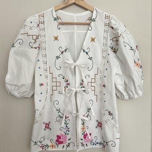 Tablecloth top, tablecloth blouse. cottage core, reworked vintage top, sustainable clothing, embroidered blouse size 12/14
