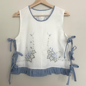 Tablecloth Top, embroidered blouse, sleeveless top, upcycled vintage, sustainable clothes, reworked vintage linen, gingham, size 10-12