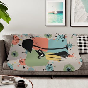 Atomic Cat Sherpa Blanket, Mid Century Modern, Atomic Cat,Mid Century Bedding,Quirky Kitsch,Atomic Starburst,Sputnik Designs,Black Cat Retro