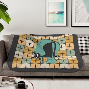 Atomic Cat Sherpa Blanket, Mid Century Modern, Atomic Cat,Mid Century Bedding,Quirky Kitsch,Atomic Starburst,Sputnik Designs,Black Cat Retro