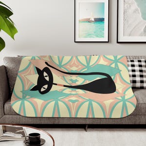 Atomic Cat Sherpa Blanket, Mid Century Modern, Atomic Cat,Mid Century Bedding,Quirky Kitsch,Atomic Starburst,Sputnik Designs,Black Cat Retro