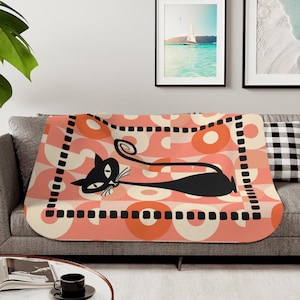 Atomic Cat Sherpa Blanket, Mid Century Modern, Atomic Cat,Mid Century Bedding,Quirky Kitsch,Atomic Starburst,Sputnik Designs,Black Cat Retro