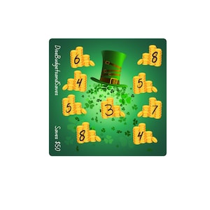 May include: A green background with a leprechaun hat and gold coins with numbers 3, 4, 5, 6, 7, and 8. The text "Dice, Budgets and Saves" and "Saves $50" is on the left side of the image.