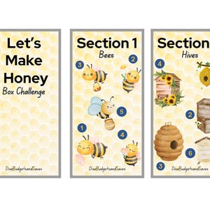 May include: Three illustrated panels with a honeycomb background. The first panel reads "Let's Make Honey Box Challenge." The second panel is labeled "Section 1 Bees" with illustrations of bees. The third panel is labeled "Section 2 Hives" with illustrations of hives.
