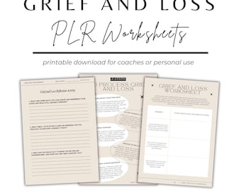 May include: Three printable worksheets for grief and loss with beige backgrounds and black text. The worksheets include prompts and reflection activities to help process grief and loss. The text on the worksheets includes "Grief and Loss Reflection Activity", "3 Steps to Process Grief and Loss", and "Grief and Loss Worksheet".
