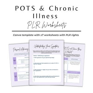 Puede incluir: Una plantilla de Canva con siete hojas de trabajo imprimibles para gestionar el POTS y las enfermedades crónicas. Las hojas de trabajo incluyen secciones sobre la comprensión de tus síntomas, la defensa personal y las prácticas de autocuidado.